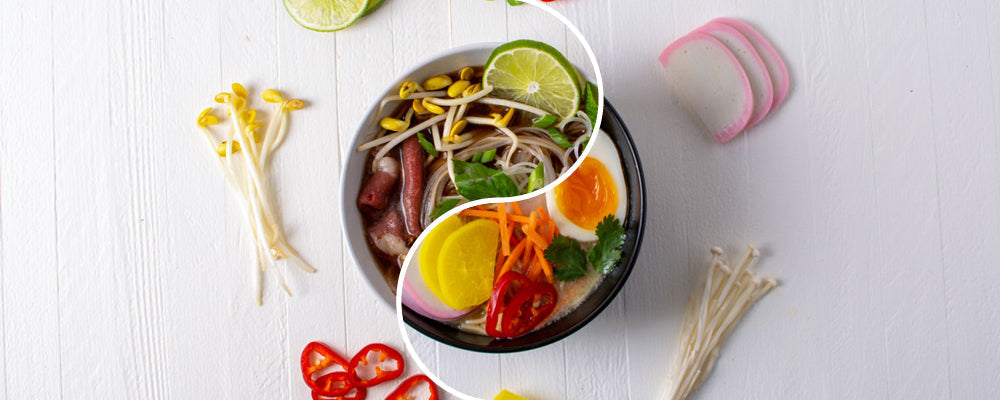 A bowl divided into pho and ramen with toppings