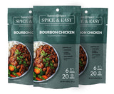 Three packets of Bourbon Chicken on white